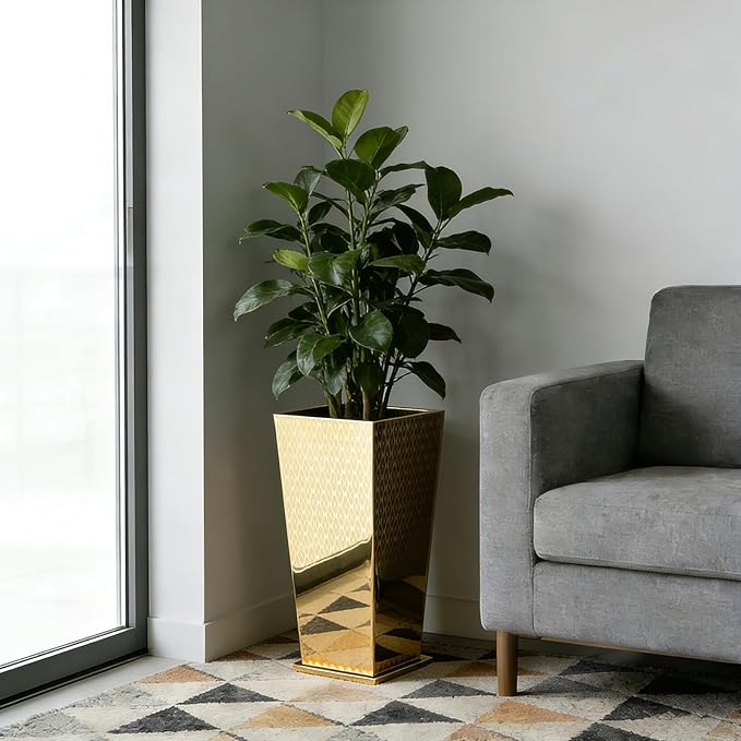 CYC Luxury Stainless Steel Golden Taper Tall Planter Box Set of 2 with Mirror Etching No Coating 24”H Top 11” Bottom 8”,Decrative Pot Indoor, Modern Décor for Home,Office,Tall Plants,Trees,Flowers