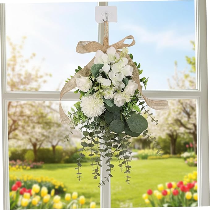 Teardrop Wreath, Large Floral Swag - Artificial White Eucalyptus and Chrysanthemum Hanging Bouquet for Front Door, Wall, and Wedding Decor
