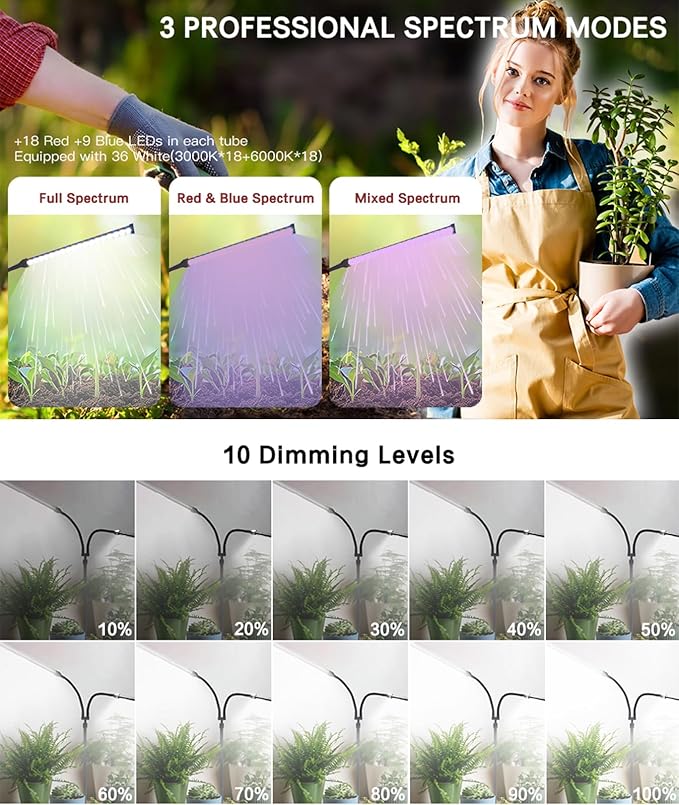 CalKoo 2025 Practical Grow Lights for Indoor Plants Growing, 6000K Full Spectrum 126 LEDs Plant Grow Lights Indoor, Height Adjustable (13-38''), 3 Spectrum Modes + 10 Dimming with 4/8/12/18H Timer