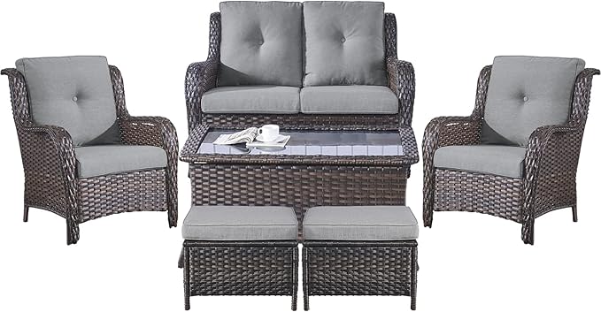 Belord 6 Pieces Patio Furniture Set Outdoor Wicker Furniture, 2 Patio Wicker Chairs with 1 Loveseat Sofa, Coffee Table and Ottomans, Patio Conversation Set for Porch Garden Deck Balcony Poolside
