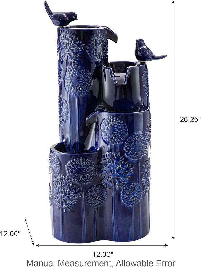 Glitzhome 27" H Outdoor Water Fountain with LED Light, Pump & Adapter, 4-Tier Cobalt Blue Dandelion Vase Ceramic Cascading Garden Fountains Waterfalls with Birds, for Porch Deck Patio Backyard