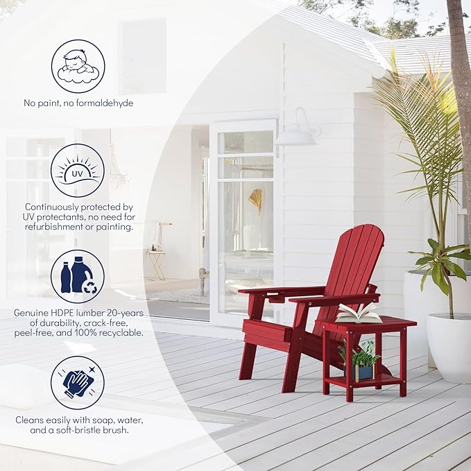 Plawdlik Folding Adirondack Chair Set of 2,Cup Holder,Wooden Textured,Heavy All-Weather HDPE Outdoor Chairs, Poolside Backyard Lawn,Red