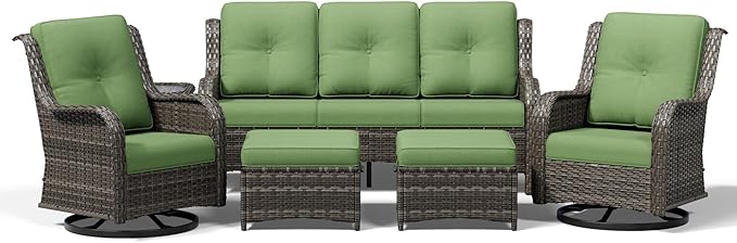 Joyside 6 Piece Wicker Patio Furniture Set, Outdoor Swivel Rocker Patio Chairs with High Back, Deep Seating, Wide Armrest, Thickened Cushions, Outdoor Furniture for Deck, Porch Use