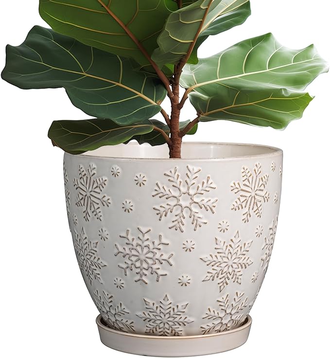 MPotTo 10 Inch Ceramic Planter Pot Large Plant Pot for Indoor Plants Outdoor Round Flower Pot with Drainage Hole and Saucer for Home Garden Decor White