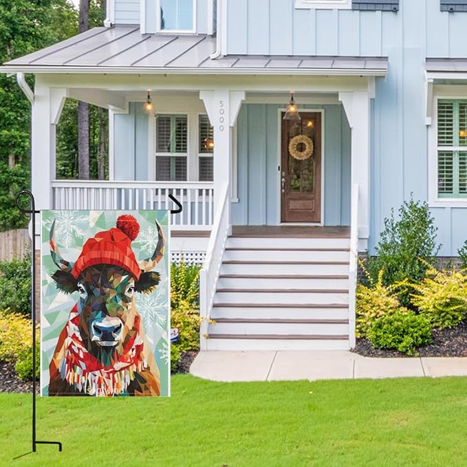 Bison with Red Scarf and Hat Snowflake Christmas Garden Flag, 28x40 Inch Double Sided Linen Holiday Red Winter Farmhouse Yard Outdoor Decoration (4332)