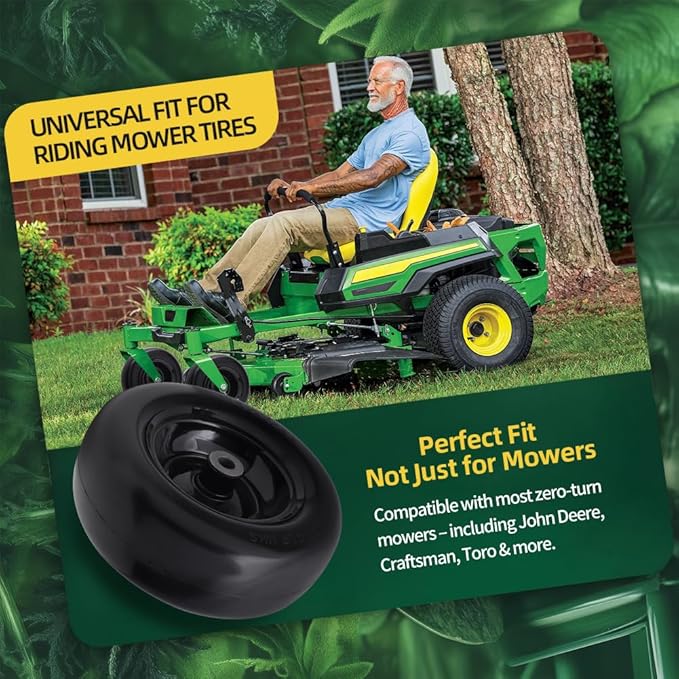 11x4.00-5 Lawn Mower Tires Flat Free (2 Pack),Universal 11x4-5 Solid Smooth Tractor Turf Tire with Rim, 3.4" Centered Hub and 3/4" & 5/8" Bushing, For Zero Turn Mowers and Riding Lawn Mower
