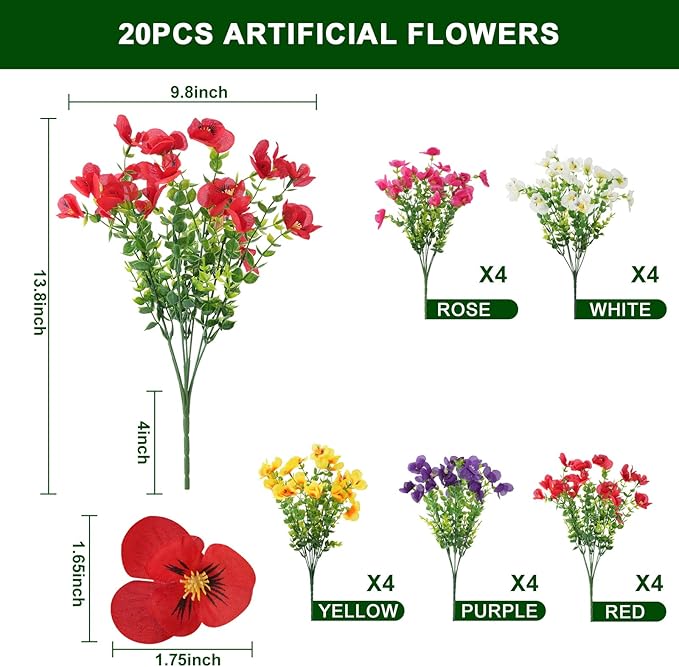20 Pcs Artificial Flowers for Outdoor,UV-Resistant Realistic Looking Artificial Pansies, Fake Flowers for Decoration Indoor and Outdoor, Window Box, Porch, Patio, Garden,Home Decor - Year-Round Beauty