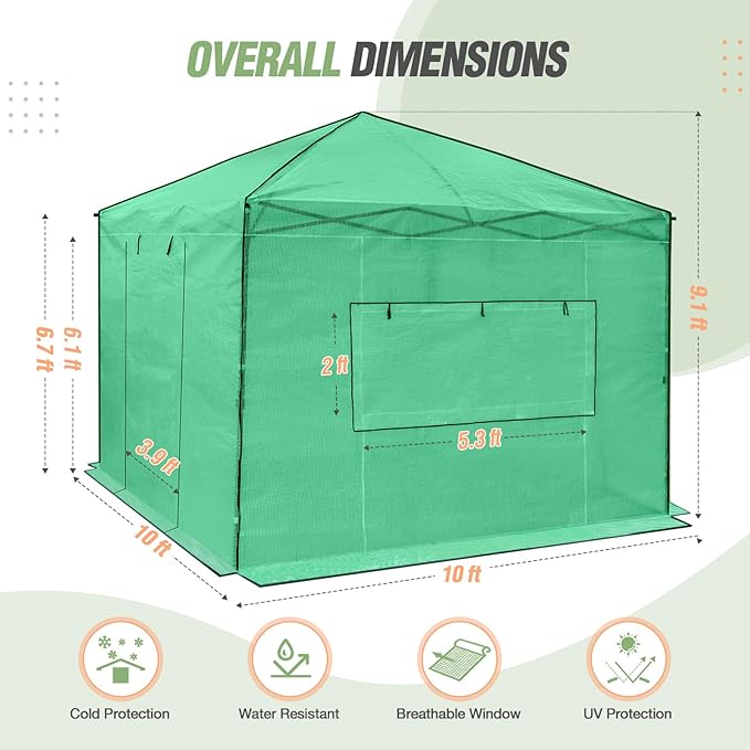 EAGLE PEAK Instant Pop-up Greenhouse, Indoor Outdoor Plant Gardening Green House, Roll-Up Zipper Doors and Side Windows, Walk in 10x10 ft, Green/Clear