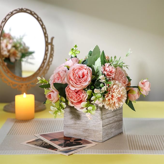 Suzile 12 Set 4 Inch Wooden Planter Box Flower Square Vases for Centerpiece Rustic Cube Planter Box with Removable Foam Blocks Liner Square Vase Craft for Garden Home(Light Brown)