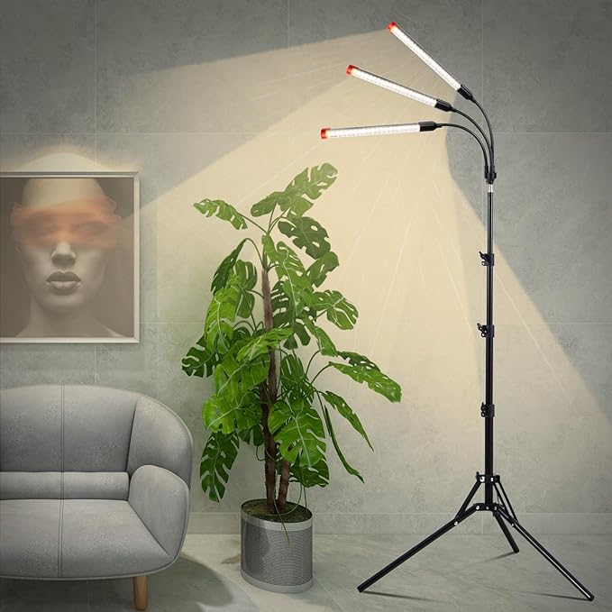 Orchbloom 3-Head Grow Light with Stand and Timer, 27 Watt Power Home Plug LED Grow Lights for Indoor Plants for Tall Houseplants, Bonsai Tree, Seed Starting, 24"-64" Adjustable Height
