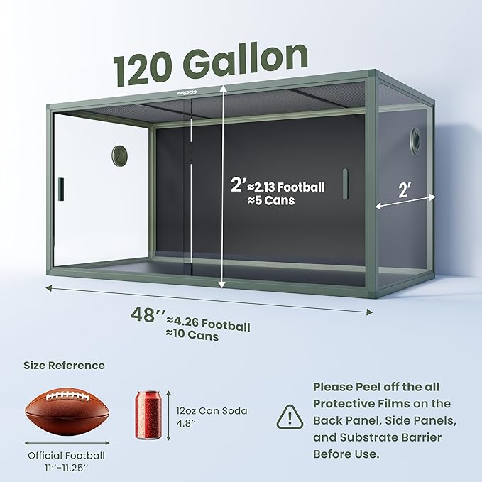 Phailozoo 120 Gallon Bearded Dragon Tank,48" x 24" x 24" Reptile Tank with Sliding Door Top Screen Ventilation, Front Opening Reptile Enclosure for Easy Maintenance