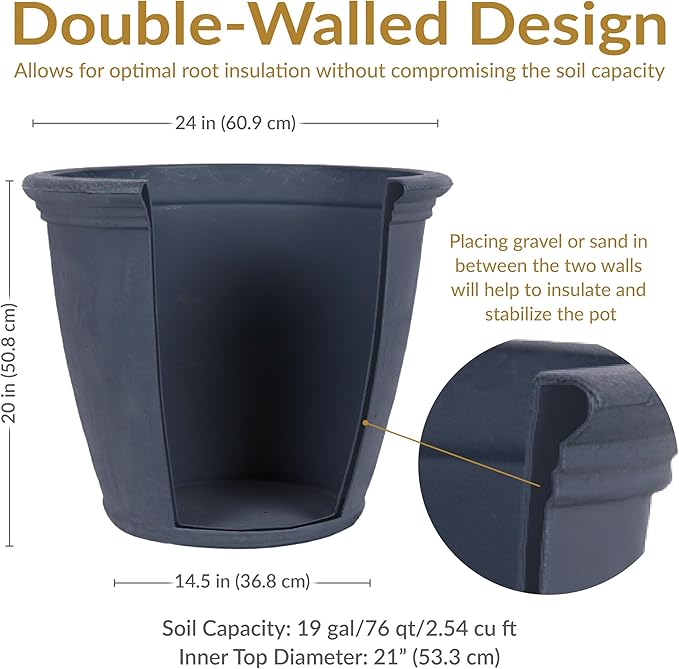 Sunnydaze 24-Inch Anjelica Large Plastic Pot for Plants - Double-Walled Outdoor Polyresin Round Planter Porch Pot with Drillable Drainage Holes - Slate - 2pk