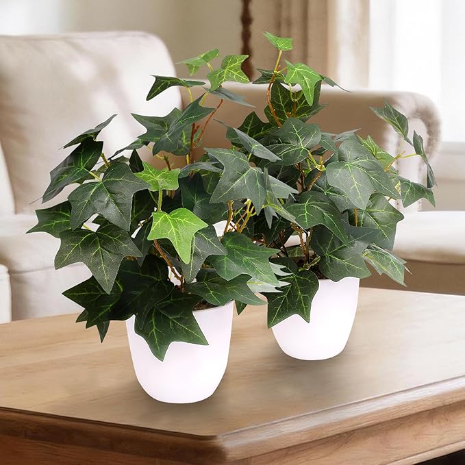 alyptus Fake English Ivy Plants in Pots Set of 2 – Realistic Artificial Ivy Greenery for Home Decor, Tabletop, Office, Shelf, Balcony or Bathroom - Green with White Pots