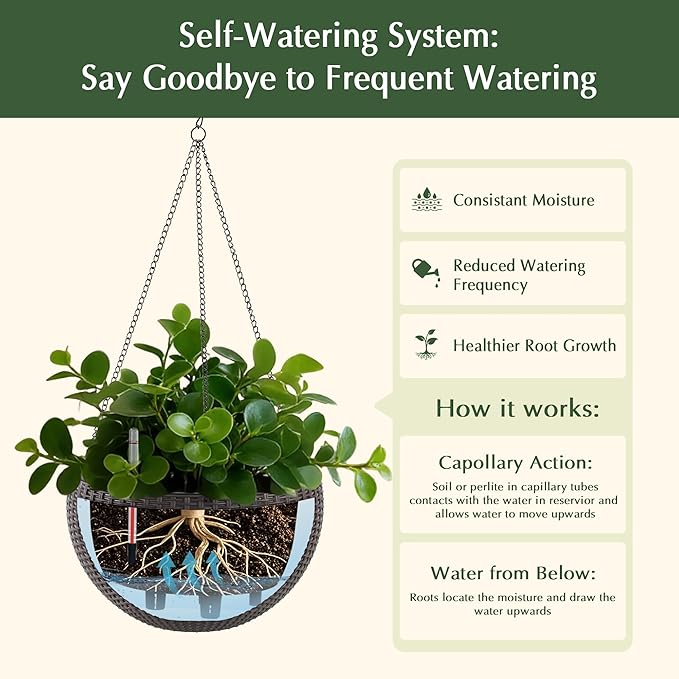 Vigo huseeo 13.5 inch 2Pack Large Hanging Planters for Outdoor/Indoor Plants, Self Watering Hanging Pot with Water Level Indicato, Drainage Holes and Chain for Garden Porch, Brown