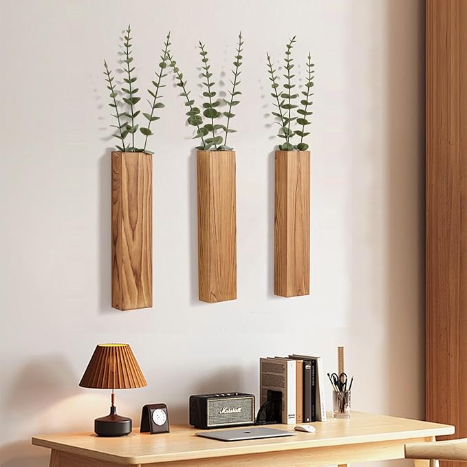 3 Pack Wooden Wall Planters with Fake Eucalyptus Stems, Modern Farmhouse Wood Vases Plants Wall Decor for Living Room, Bedroom, Bathroom (Dark Brown)