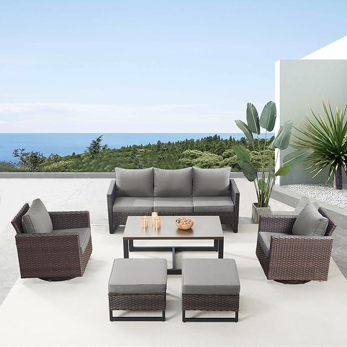Belord 6 Piece Outdoor Furniture Patio Wicker Sofa Set, Oversize Outdoor Swivel Rocker Chairs with Rattan Ottomans, Conversation Sets Patio Furniture Come with Removable Washable Blue Cushion