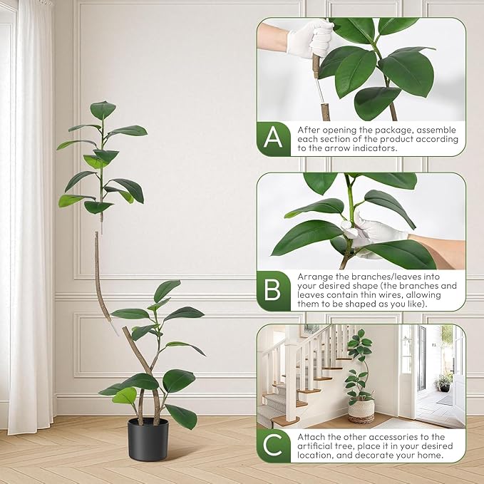 Artificial Rubber Tree for Home Décor – Tall Faux Fiddle Leaf Fig with Real Touch Leaves – Black or White Planter & White Stones – Lifelike Exotic Indoor Floor Plant – 7FT
