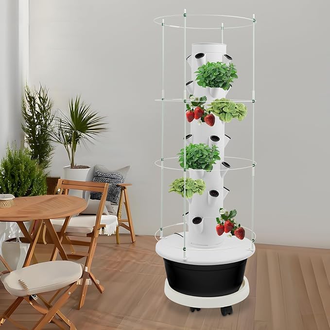 Hydroponics Growing System, 28-Plants Indoor Hydroponic Tower with Pump System, Timer, Climbing Trellis, Vertical Garden Planter with Wheels, Hydroponic Germination Kit for Gardening Lover