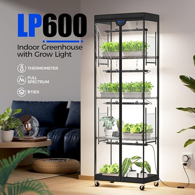 Barrina LP600 Mini Greenhouse with Grow Lights, 5-Tier Plant Stand with 100W TX-S25 1.6FT 5000K Full Spectrum Plant Shelf with Tent, Timer & Thermometer for for Seed Trays Growth, 23.6 x 13.8 x 70.9IN