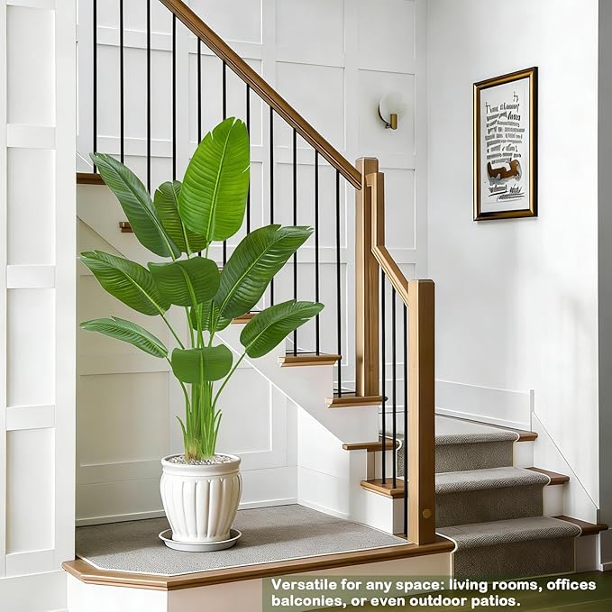 Birds of Paradise Plant Artificial, 5FT Fake Plants Faux Banana Leaf Tree with 10 Banana Leaves, Lifelike Tall Fake Tropical Palm Indoor Silk Floor Plant in Black Pot for House,Office,Room,Home Decor
