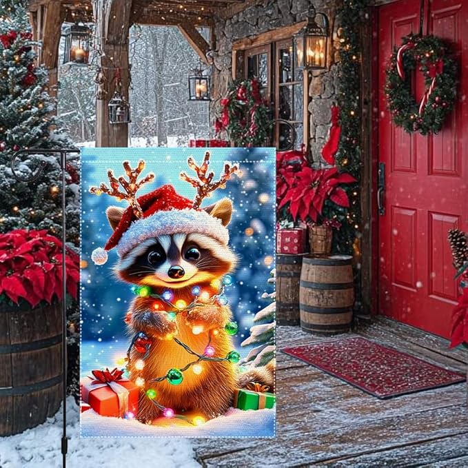 Christmas Garden Flag 12x18 Inch Double Sided Burlap Raccoon with Santa Hat and Lights Cute Winter Outdoor Yard Decoration for Holiday Porch Lawn Farmhouse Decor