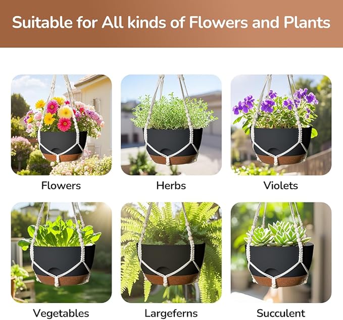 LESOASIS 12 Inch Hanging Baskets for Plants Outdoor, Hanging Planters for Indoor Outdoor Plants, Hanging Planter with Self Watering, Hanging Flower Pots (Black Planter with Macrame + Iron Hangers)