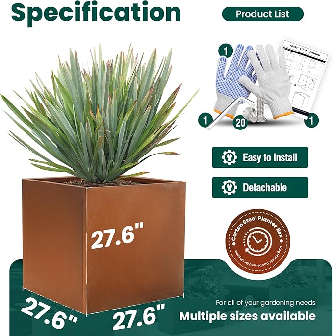 GZGNEEVL Corten Steel Planter Metal Square Planter Tall Cube Rustic Steel Planters 27.6 Inch Durable Antique Detached for Outdoor Commercial Residential Garden Patio Deck and Backyard