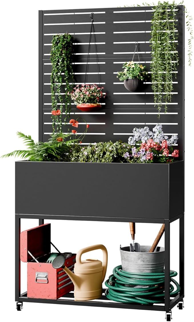 Metal Planter Box with Trellis,67" H x35 W Raised Garden Beds with Privacy Screen for Climbing Plants Flower, Elevated Standing Planter Garden Bed with Drainage Holes for Outdoor Patio,Black