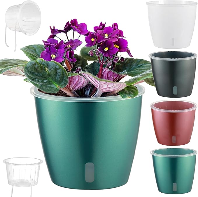 KvyusFlourish Self-Watering Pots for Indoor Plants, 4-Pack 6.7'' Self Watering Planter with Drainage Holes, Small African Violet Pots with Water Indicator, Orchid Pot, White/Grey/Blue/Rose Gold