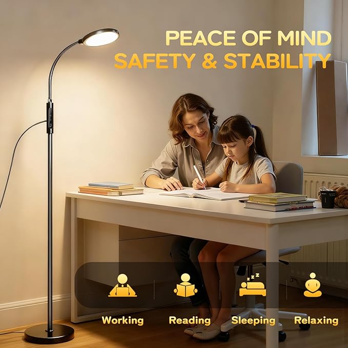 Light Therapy Lamp, 11000 Lux UV-Free Floor Lamp, Full Spectrum LED Sunlight with Touch Remote Control, Adjustable 7 Color Temperatures 9 Brightness Levels for Office Living Room Reading Black