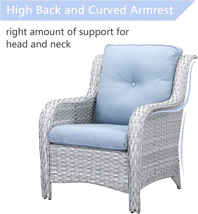 Rilyson Patio Bistro Set Wicker Chairs - 3 Piece Outdoor Rattan Conversation Set with 2 Armrest Chair and 1 Side Table for Proch Deck Garden Backyard Balcony(Light Grey/Sky Blue)