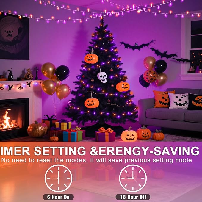 120 LED Orange and Purple Christmas Lights 40 FT String Lights Indoor Outdoor Clear Wire with 8 Modes, Plug in Waterproof Christmas Light for Tree Party Bedroom Thanksgiving Decorations
