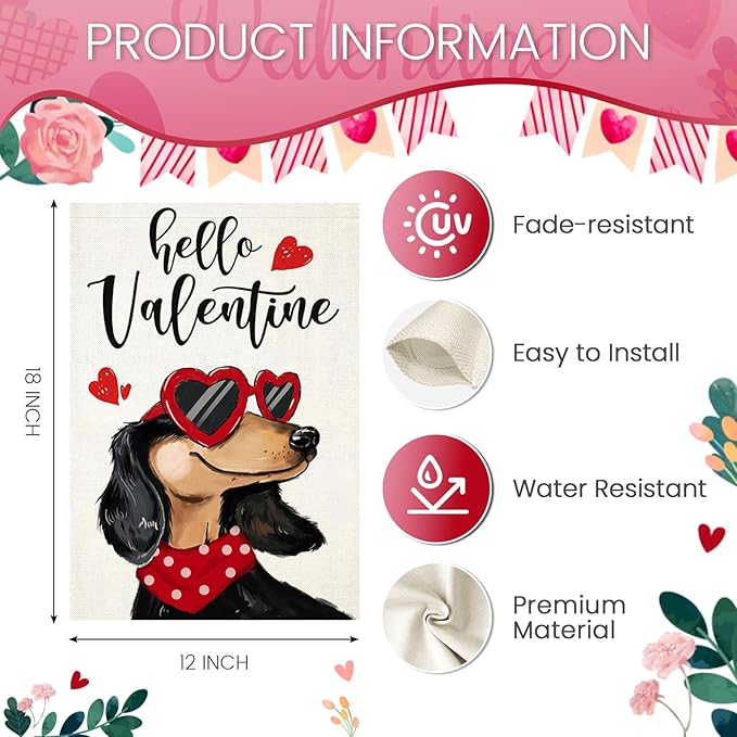 Hello Valentines Garden Flags 12x18 Inch Double Sided, Dachshund Dog with Love Sunglass Heart Small Seasonal Decoration for Holiday Anniversary Wedding Yard Outside Outdoor
