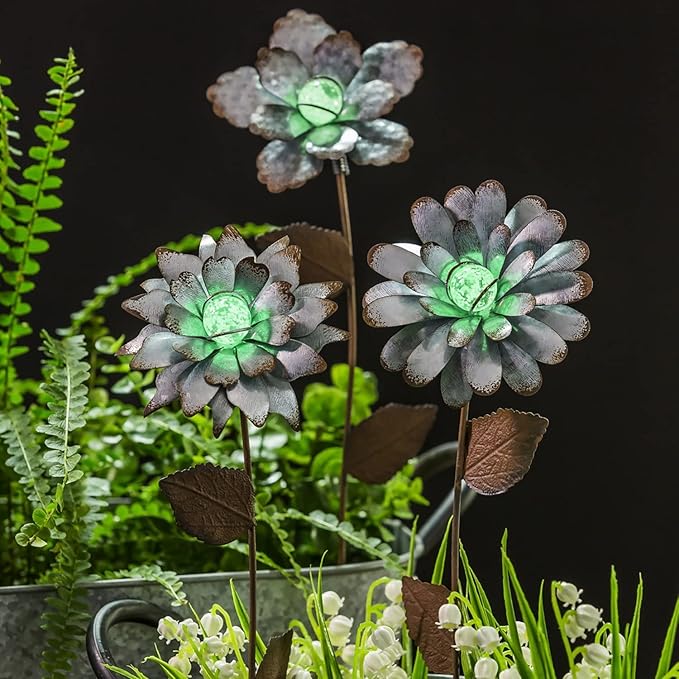 Voltogar 3 PCS Flower Stake Galvanized Metal Decoration for Garden & Outdoor, 13.8" H Glass Globe Glow in Dark Plant Pick Ornament Water-Proof Garden Art for Lawn & Patio