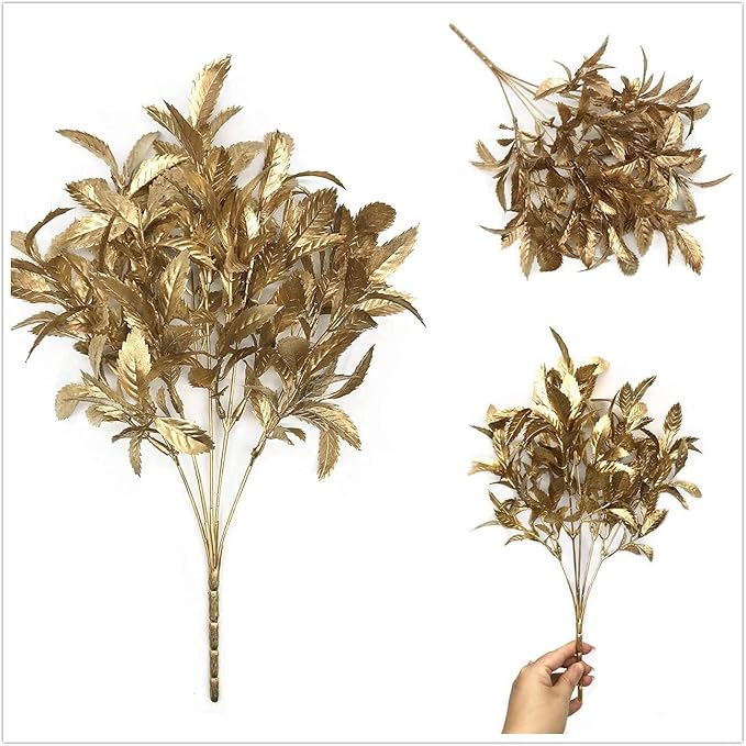 PASYOU Artificial Golden Plants Decor, Plastic Grass Fake Shrubs Simulation Leaves for Indoor Outdoor Home Garden Planter Filler Party Verandah Wedding Faux DIY Decoration - Gold 6 Pack