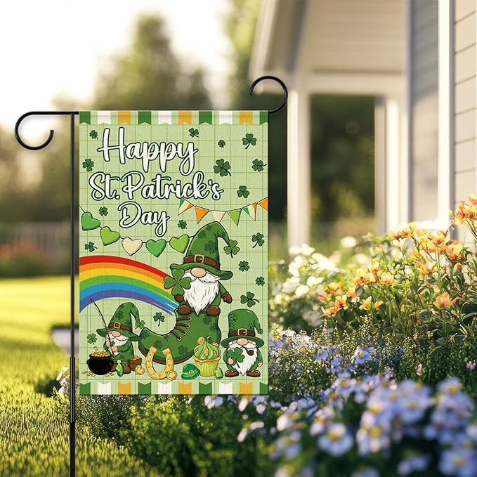 Happy St Patricks Day Garden Flag 12x18 Inch Double Sided,Gnome Lucky Shamrocks Outdoor Irish Decor House Porch Flag for St Patrick's Day Party and Yard Decorations