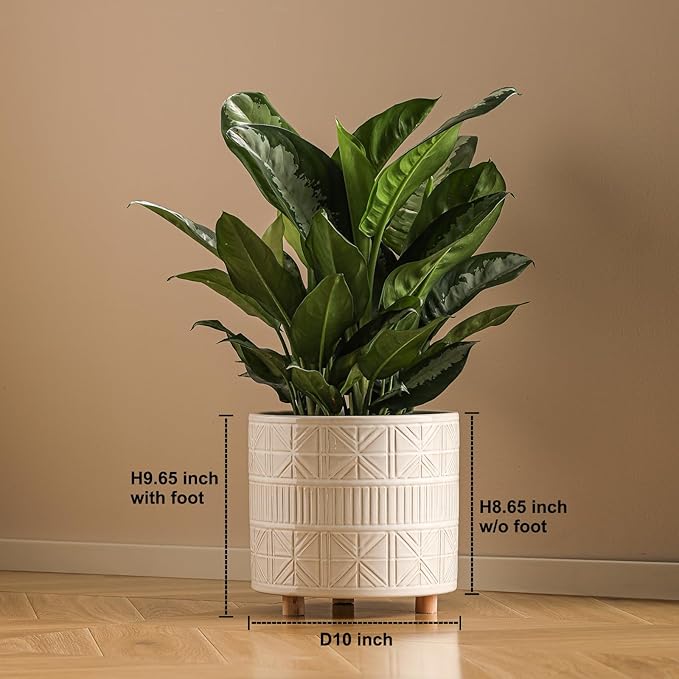 POITONRU Ceramic Plant Pot with Foots: 10 Inch Planter with Wooden Legs - Large Pots for Indoor Plants - Modern Flower Pot for Home Office Patio Garden Windowsill