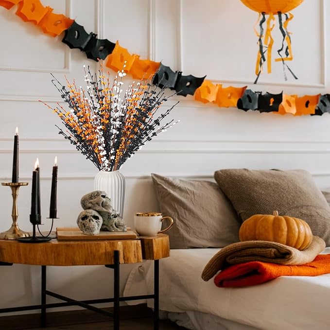 10pcs Jasmine Halloween Flower 29.5'' Long Halloween DIY Floral Picks for Halloween Party Indoor Decorations Gothic Home Badroom Centerpieces Vase Fillers (Orange, White, Black)