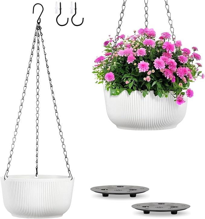 Kvetto Set of 2 White 10 Inch Hanging Planters for Indoor Outdoor Plants, Self Watering Hanging Flower Pots with Drainage Hole & Plug