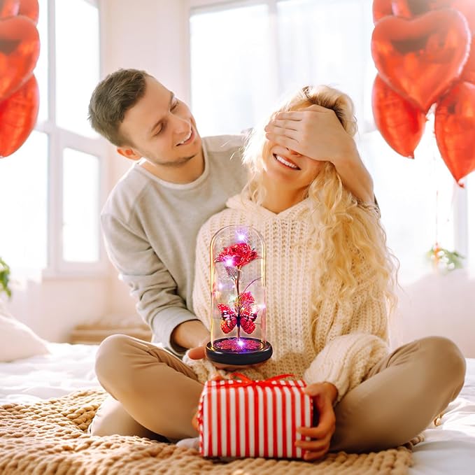 Valentines Day Rose Gifts for Her Birthday Gift for Women Galaxy Glass Rose in Glass Dome Forever Eternal Crystal Roses with Butterfly Anniversary Valentine Gifts for Daughter Mom Wife Girlfriend Red