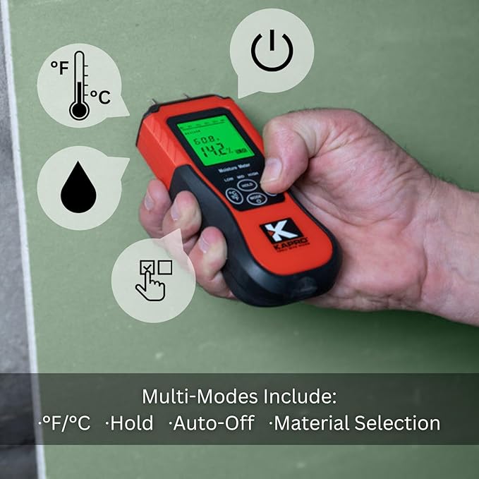 Kapro - 379 Moisture Meter with Temperature Detection - Measures Wood Moisture and Temperature in Fahrenheit and Celsius - Features 8 Calibration Scales - Back-Lit Display & Auto-Power Shut Off