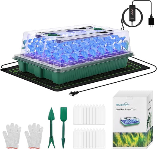 BlumWay 4-in-1 Seed Starter Tray with Grow Light &Heat Mat & Soil Meter Set,40-Cells Seedling Tray with Humidity Dome for Indoor Plant