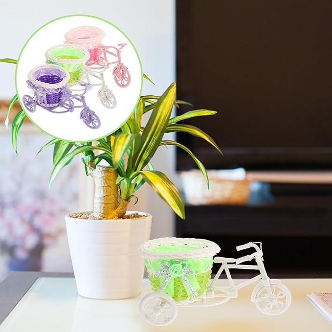 ARTIBETTER 3Pcs Tricycle Rattan Flower Basket Mini Wicker Storage Container Indoor Outdoor Decorative Planter for Faux Plants Fruit and Small Household Items
