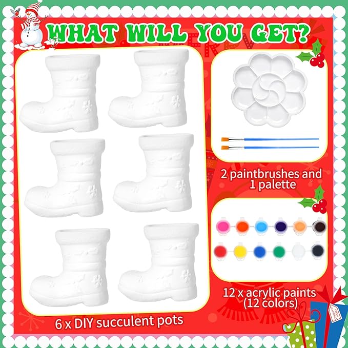 Pasimy 6 Set Ceramics to Paint DIY Ceramic Succulent Planter Pots Paint Your Own Flower Pots Craft Kit Unpainted Bisque Flowerpot with Brush Palette for Family Activity Holiday Gifts(Christmas Boot)