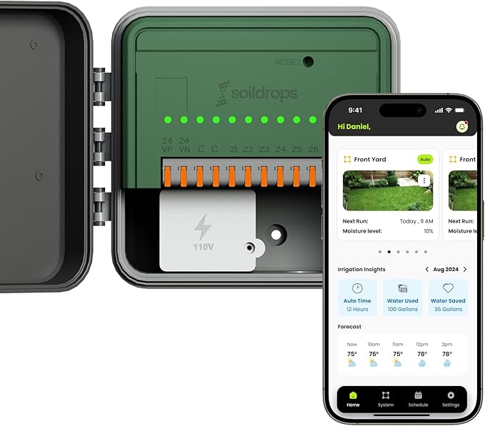 Soildrops AI Smart Sprinkler Controller, 8-Zone WiFi Irrigation Controller for Indoor & Outdoor Use, DIY Garden & Lawn Watering Kit, App-Based Auto Watering