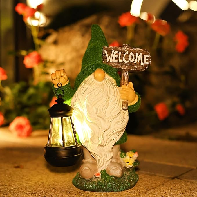 Garden Outdoor Statues, Solar Gnome Statues,Gnome Decorations with Solar Outdoor Lights for Garden Decor, Sculptures & Statues for Front Porch Patio Lawn, Gifts for Mom, 13"