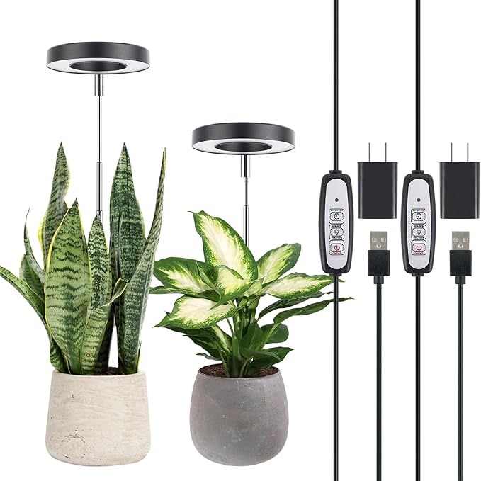 LORDEM Plant Grow Light, Full Spectrum LED Plant Light for Indoor Plants, Growing Lamp with Auto On/Off Timer, 4 Dimmable Brightness, 2 Packs of Black