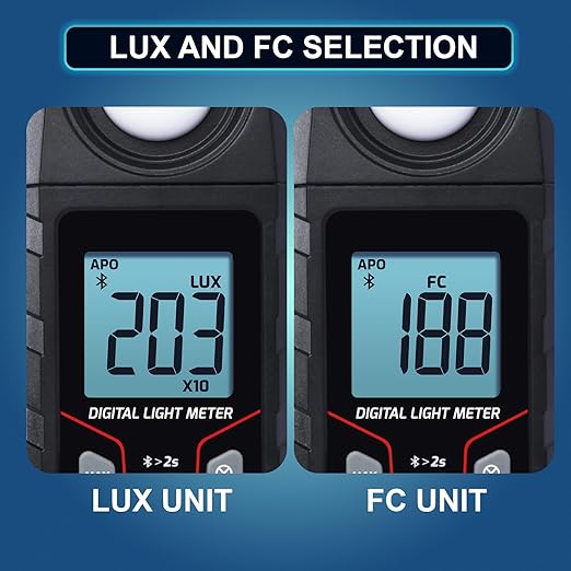 Light Meter Wireless Lux Meter, 0.1~200,000 Lux Range Light Meter for Plants, Bluetooth Lux Meter Light Meter App Connection, Data Logging and Export, Backlight LCD Display for Plants, Photography