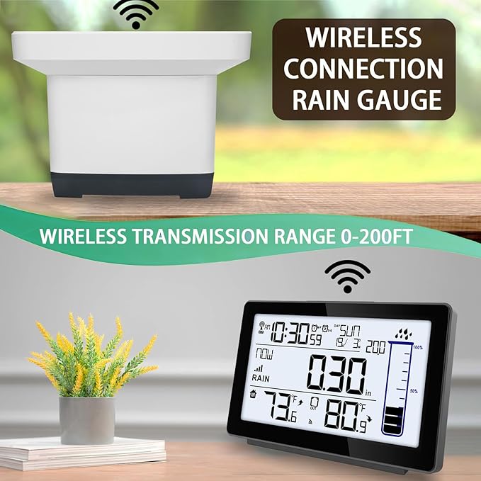 Wireless Rain Gauge Outdoor, Self-Emptying Digital Rain Gauges Outdoors Best Rated, Electronic Rain Measure Gauge for Garden, Freeze Proof Rain Gauge with Thermometer, Remote Rain Meter for Yard