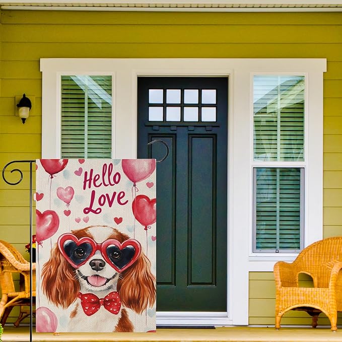 Valentine's Day Cavalier-King-Charles Spaniel Hello Love Garden Flag, House Yard Plaid Love Heart Outside Decoration, Spring Holiday Wedding Anniversary Outdoor Small Decor 12x18(12638)